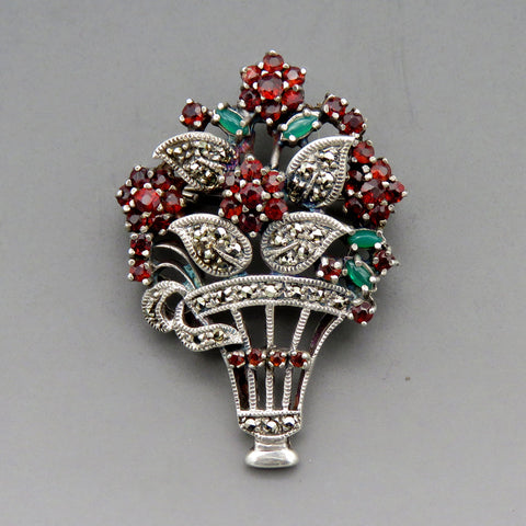 Vintage Sterling Silver Garnet Marcasite Gemstone Vase of Flowers Pin