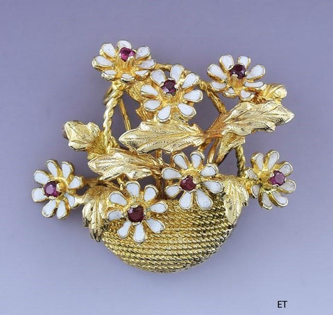 22k Yellow Gold White Enamel & Garnet Basket of Flowers Pin Brooch Pendant