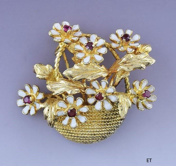 22k Yellow Gold White Enamel & Garnet Basket of Flowers Pin Brooch Pendant