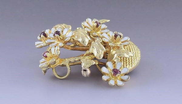 22k Yellow Gold White Enamel & Garnet Basket of Flowers Pin Brooch Pendant