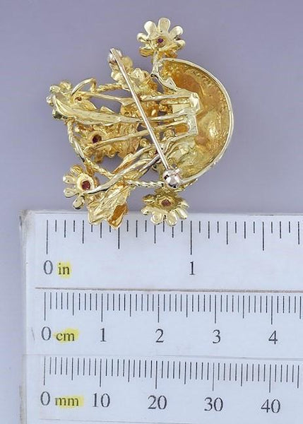 22k Yellow Gold White Enamel & Garnet Basket of Flowers Pin Brooch Pendant