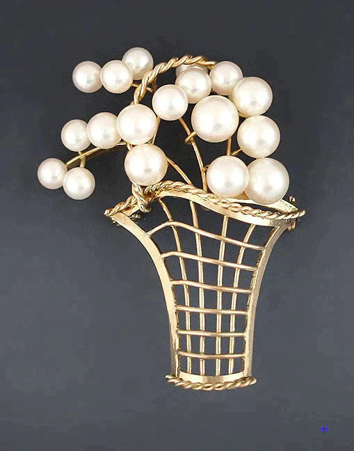 Amazing Quality Pearl 14k Gold Flower Basket Pin Brooch