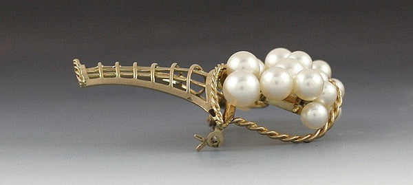 Amazing Quality Pearl 14k Gold Flower Basket Pin Brooch