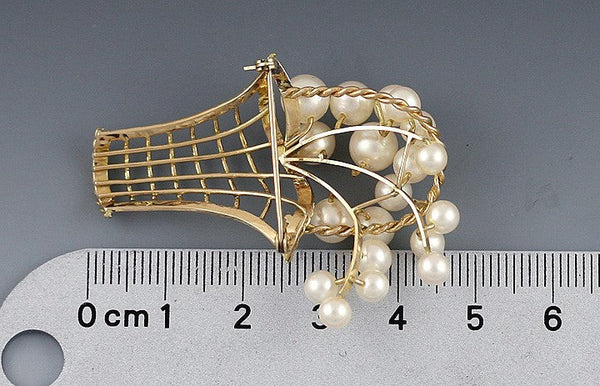 Amazing Quality Pearl 14k Gold Flower Basket Pin Brooch