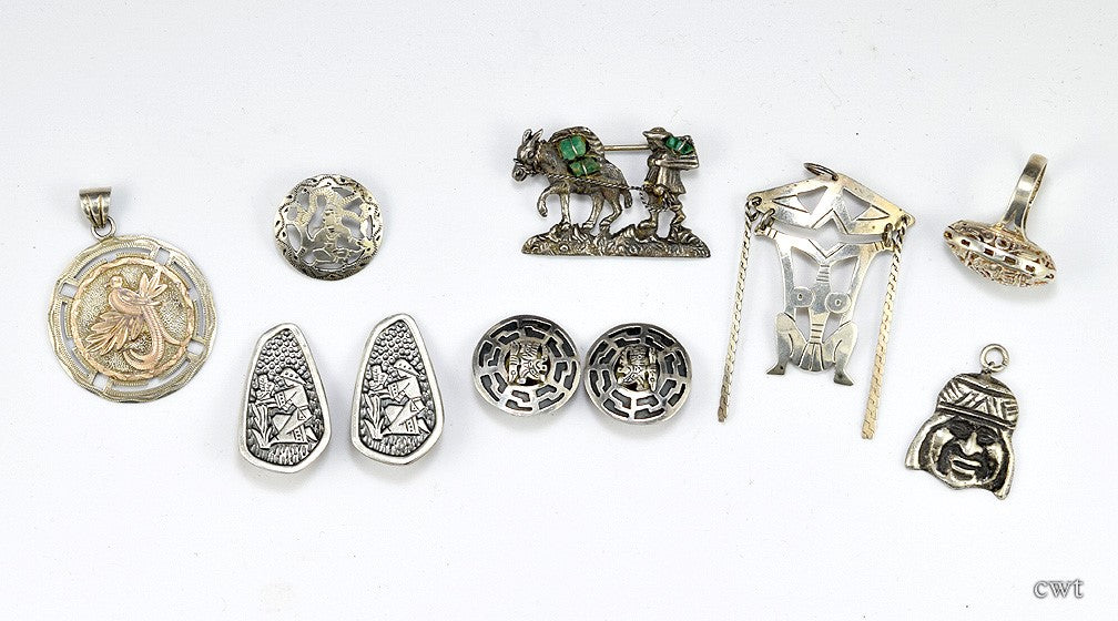 South American Silver Brooch Pendant Earrings Columbia Peru Guatemala