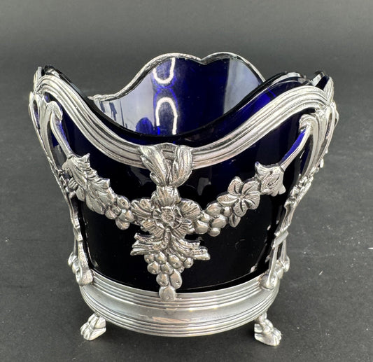 Pre Revolution French 1st Standard 950 Silver Openwork Bowl Basket Cobalt Liner