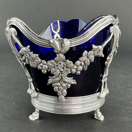Pre Revolution French 1st Standard 950 Silver Openwork Bowl Basket Cobalt Liner