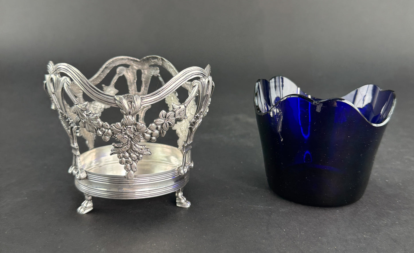 Pre Revolution French 1st Standard 950 Silver Openwork Bowl Basket Cobalt Liner