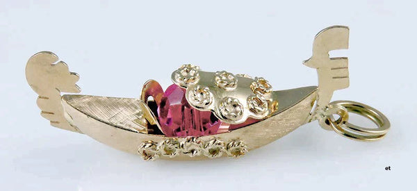 Unique 18K Yellow Gold & Pink Bead Gondola Boat Charm or Pendant