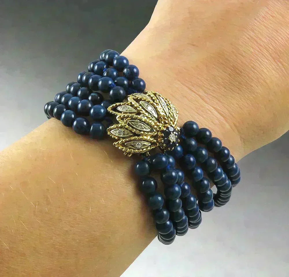 VTG Dyed Blue Jasper Six Strand Bead Bracelet w 14k Gold Diamond Sapphire Clasp