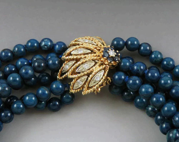 VTG Dyed Blue Jasper Six Strand Bead Bracelet w 14k Gold Diamond Sapphire Clasp