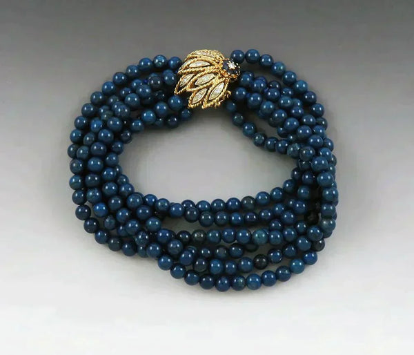 VTG Dyed Blue Jasper Six Strand Bead Bracelet w 14k Gold Diamond Sapphire Clasp