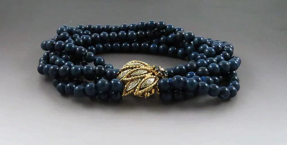 VTG Dyed Blue Jasper Six Strand Bead Bracelet w 14k Gold Diamond Sapphire Clasp