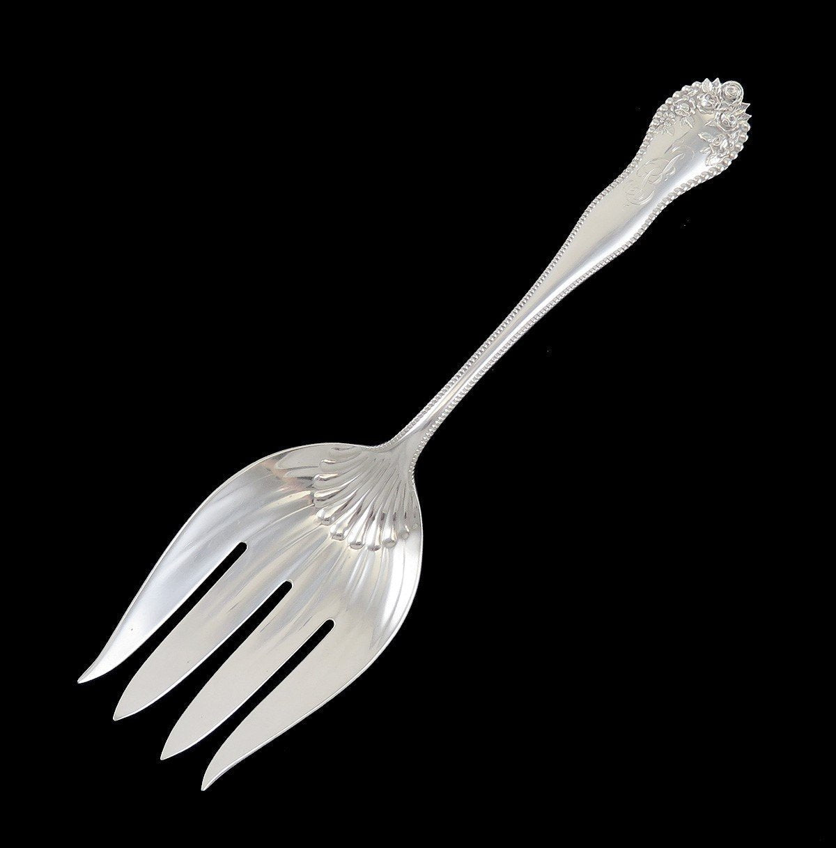 Antique Sterling Silver Gorham Lancaster Rose 1897 Large Serving Fork 9 1/8"