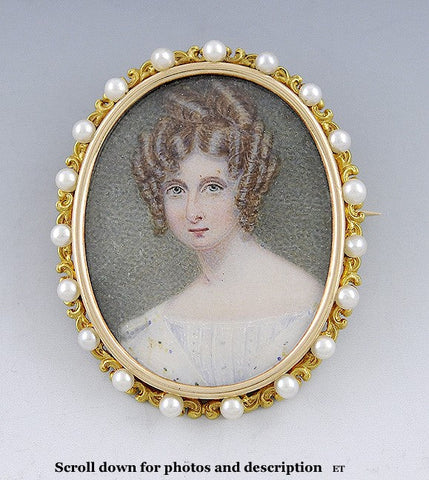 Antique 14k Seed Pearl Portrait Of Pretty Young Woman Brooch/Pin c1880-1910