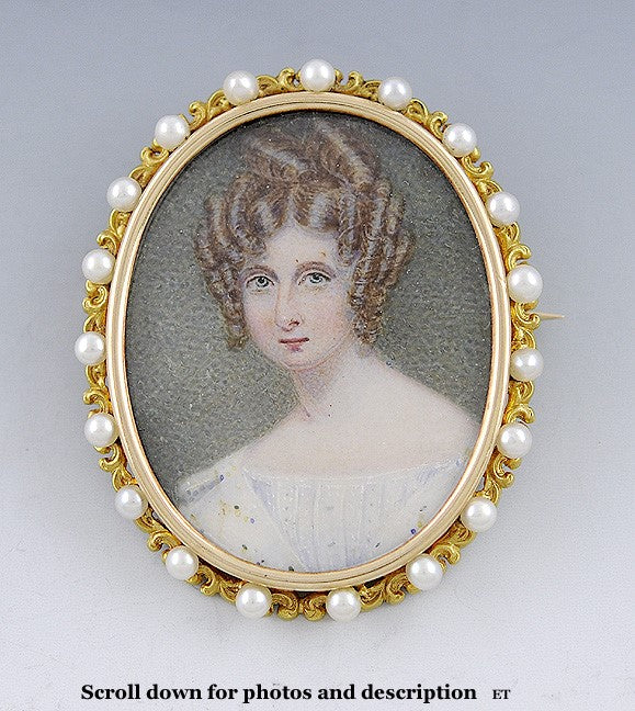 Antique 14k Seed Pearl Portrait Of Pretty Young Woman Brooch/Pin c1880-1910