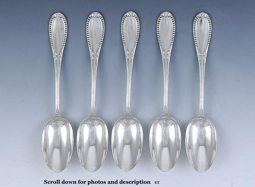5 French 19th Century Sterling Silver Bead Leaf Teaspoons NO MONO 5 5/8"