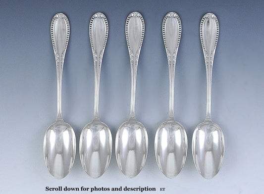 5 French 19th Century Sterling Silver Bead Leaf Teaspoons NO MONO 5 5/8"