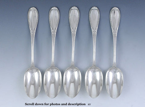 5 French 19th Century Sterling Silver Bead Leaf Teaspoons NO MONO 5 5/8"