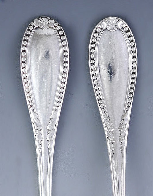 5 French 19th Century Sterling Silver Bead Leaf Teaspoons NO MONO 5 5/8"