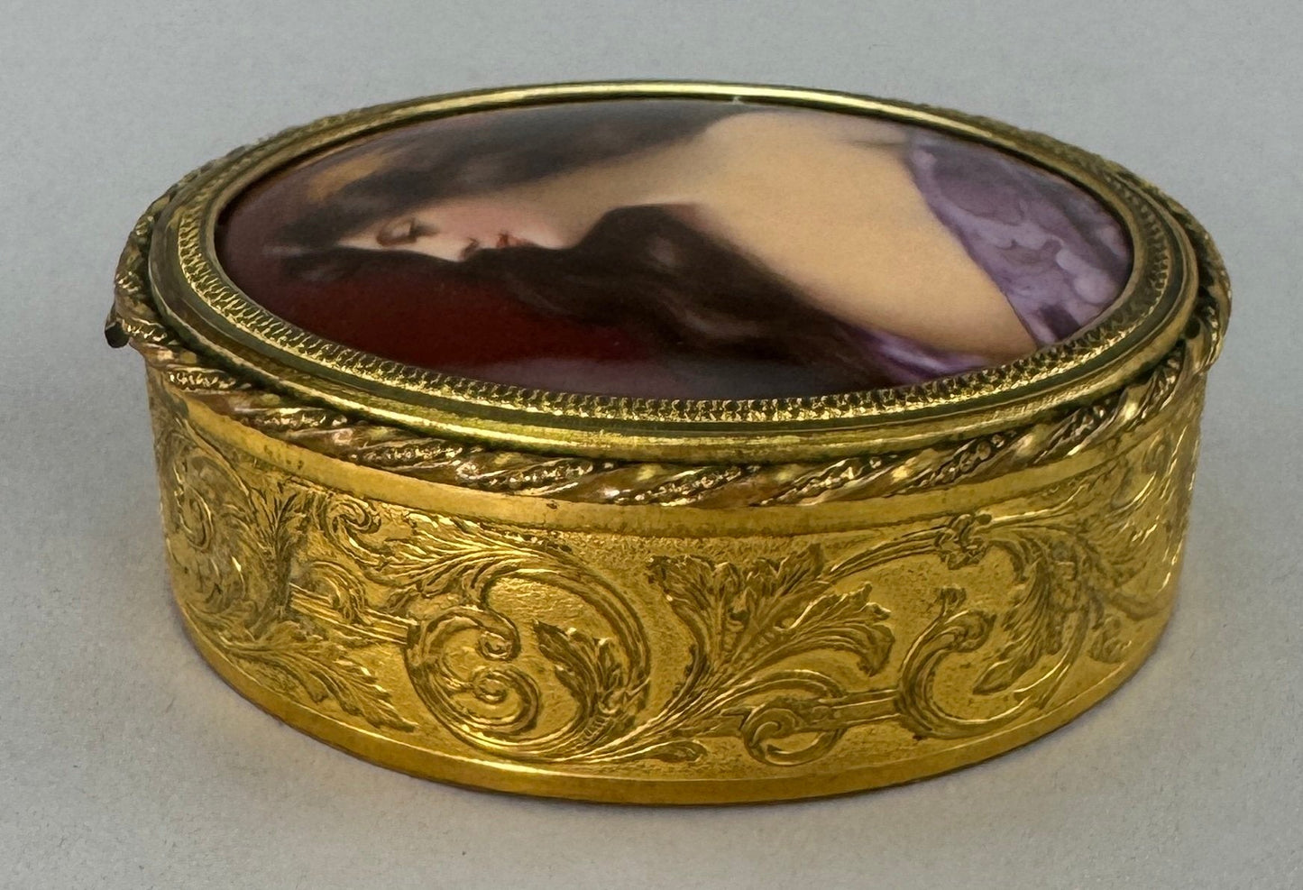 c1895 European Hand Painted Miniature Portrait of a Gypsy Woman Gilt Bronze Box