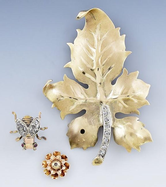 Early 1900s Artisan Austrian 14k Yellow Gold Diamond Leaf and Fly Pin Brooch