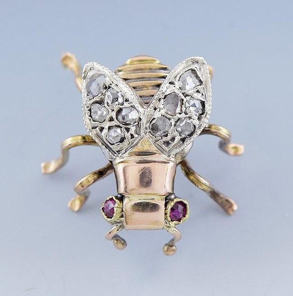 Early 1900s Artisan Austrian 14k Yellow Gold Diamond Leaf and Fly Pin Brooch