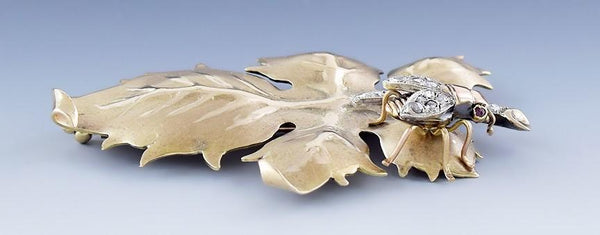 Early 1900s Artisan Austrian 14k Yellow Gold Diamond Leaf and Fly Pin Brooch