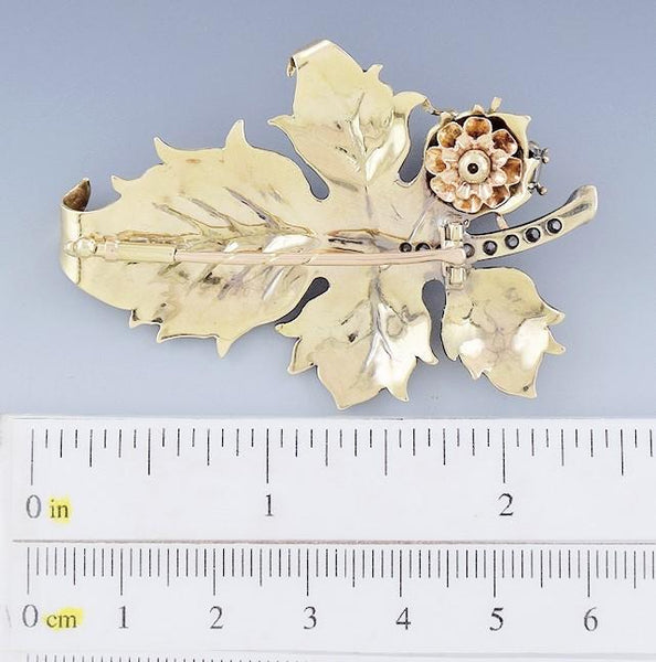 Early 1900s Artisan Austrian 14k Yellow Gold Diamond Leaf and Fly Pin Brooch
