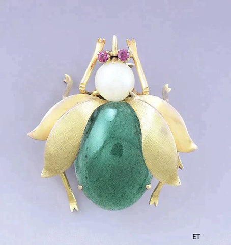 Charming 14k Gold Pearl Aventurine Cicada Beetle Insect Pin / Brooch