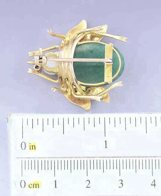 Charming 14k Gold Pearl Aventurine Cicada Beetle Insect Pin / Brooch