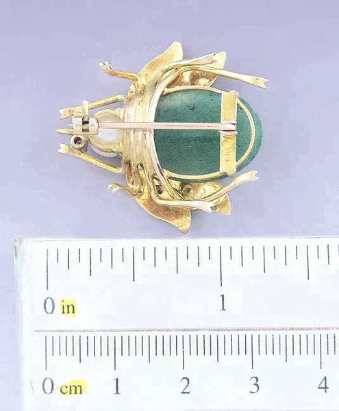 Charming 14k Gold Pearl Aventurine Cicada Beetle Insect Pin / Brooch