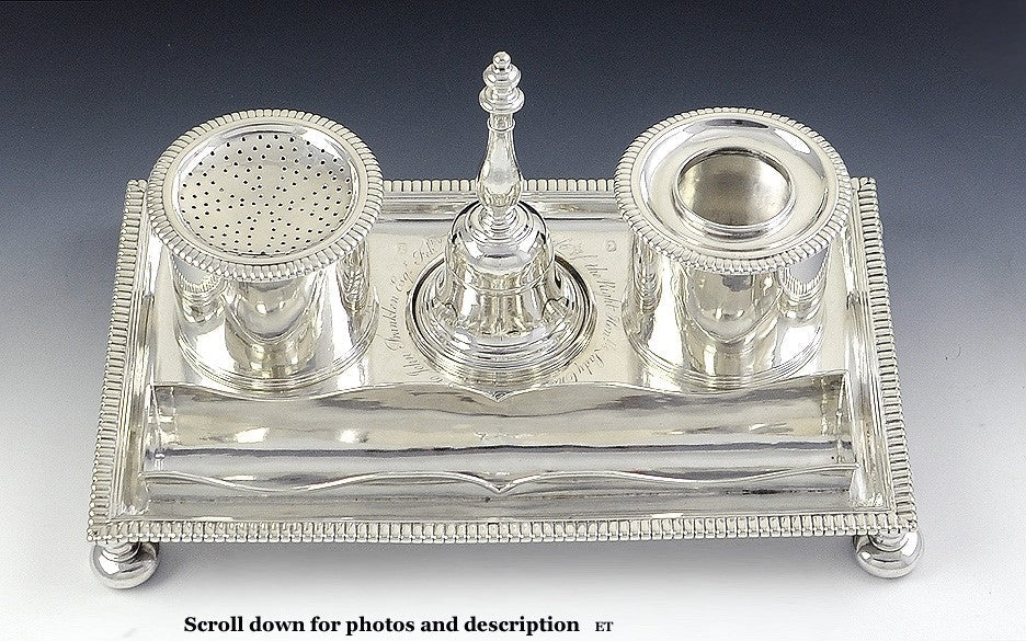 Must See! 1705 English Britannia 958 Silver Desk Set Inkwell Sander Bell Louis