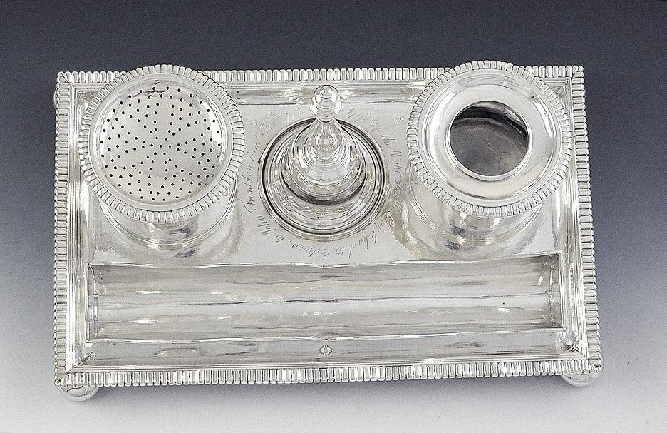 Must See! 1705 English Britannia 958 Silver Desk Set Inkwell Sander Bell Louis