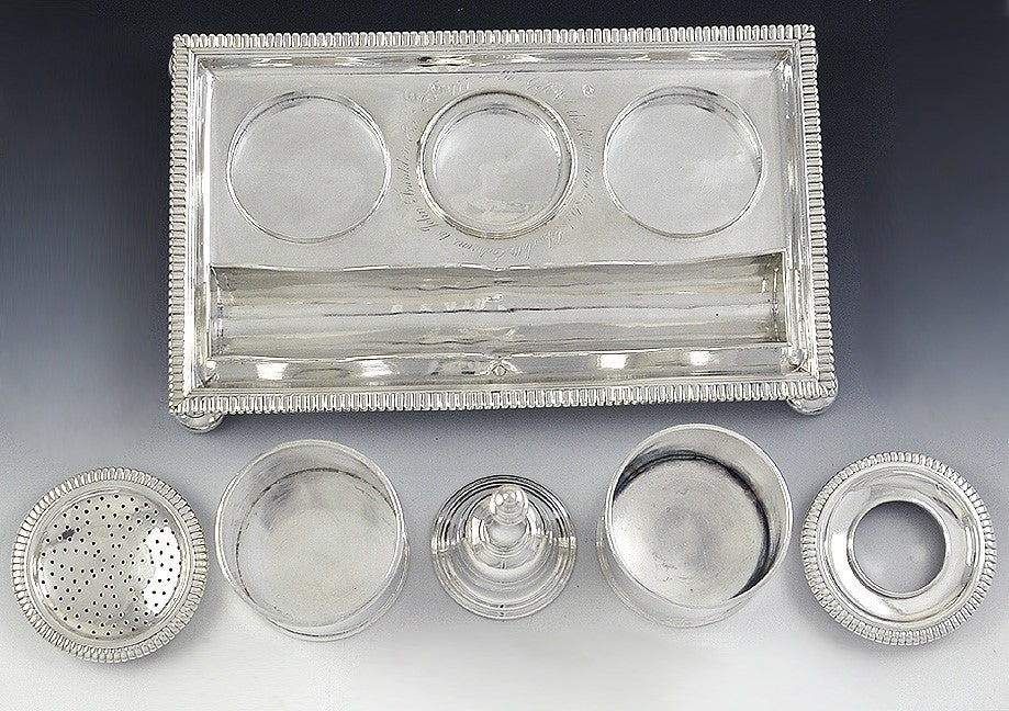 Must See! 1705 English Britannia 958 Silver Desk Set Inkwell Sander Bell Louis