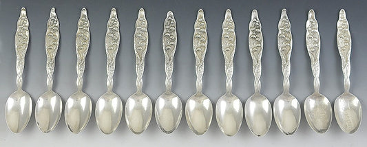 Nice Set 12 Sterling Silver Teaspoons by Whiting Lily of the Valley Pattern