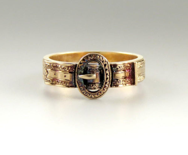 Rare c1830s Victorian 10k Gold Hinged Belt Buckle Hair Memorial Ring "Mother"