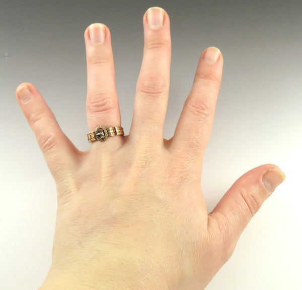 Rare c1830s Victorian 10k Gold Hinged Belt Buckle Hair Memorial Ring "Mother"