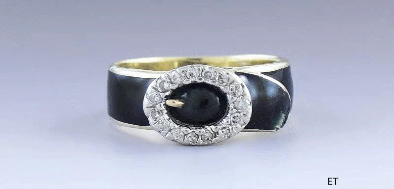 VTG 14k Yellow Gold Diamond Black Enamel Belt Buckle Design Ring