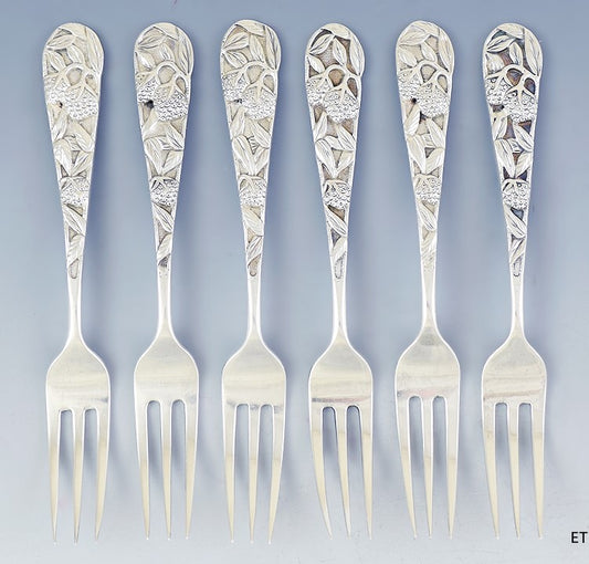 c1850-1910 Fine set 6 Chinese Export Silver Berry Motif Fruit Forks