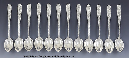 1924-1932 Set 12 Kirk Repousse Pat Sterling Silver Citrus/Grapefruit Spoons