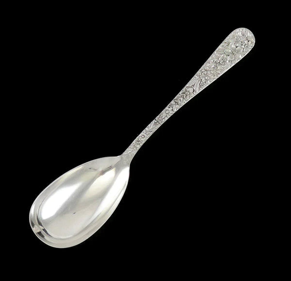 Antique Kirk Repousse Flower Sterling Silver Serving Spoon 8 1/2"