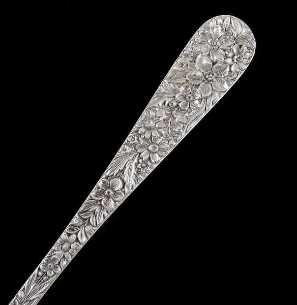 Antique Kirk Repousse Flower Sterling Silver Serving Spoon 8 1/2"