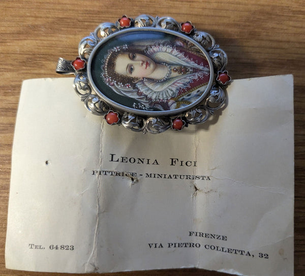 Italian Silver Hand Painted Mini Portrait Bianca Cappello Medici Pendant Brooch