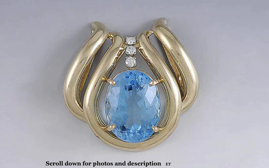 Huge 14k Gold Blue Topaz & Diamond Slide Pendant Openwork Mounting