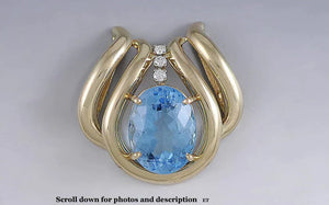 Huge 14k Gold Blue Topaz & Diamond Slide Pendant Openwork Mounting