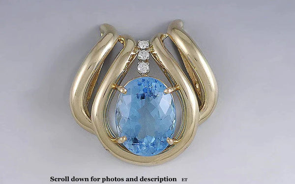 Huge 14k Gold Blue Topaz & Diamond Slide Pendant Openwork Mounting