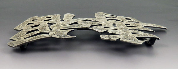 Antique Chinese Character Silver Engraved Gilded Flower and Leaf Belt Buckle