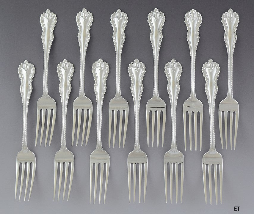 Fine set 12 Dominick & Haff Sterling Silver Mazarin Forks