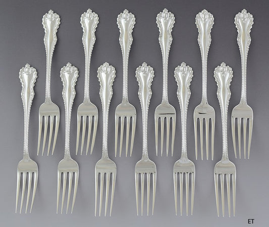 Fine set 12 Dominick & Haff Sterling Silver Mazarin Forks